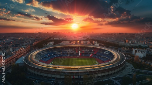 Arial image of Parc des Princes stadium during sunset, hyperrealistic. French tricolor. © stefanholm