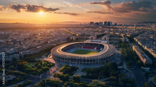 Arial image of Parc des Princes stadium during sunset, hyperrealistic. French tricolor. photo