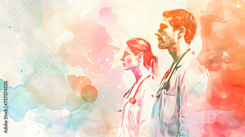 Watercolor art of a doctor and woman doctor celebrating International Health Day, Watercolor doctors on International Health Day, generative ai photo