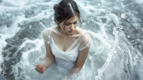 A serene scene captures the purity and delicacy of a contemplative woman amidst cleansing water  symbolizing sensitivity and renewal in a tranquil setting