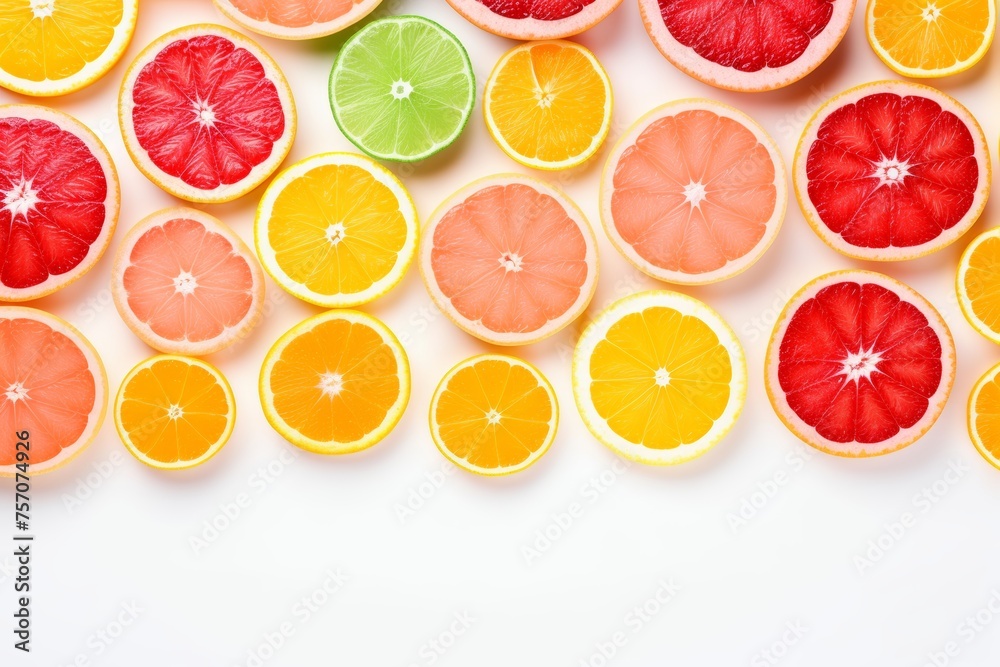 Assorted fresh ripe fruits on a plain white background with ample space for text and logo Assorted fresh ripe fruits on a plain white background with ample space for text and logo