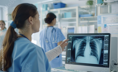 A woman doctor in a blue uniform is working with a digital panoramic chest x-ray on a computer in a medical room  while a woman patient stands nearby. She is examining the x-ray for signs of cancer