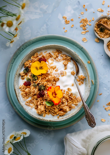 Granola and yogurt, delicious breakfast decorated with flowers, top view, ultra realistic food photography
