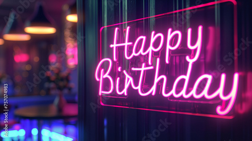 A stunning neon sign radiates the words "Happy Birthday" in a vivid pink hue, contrasting against a deep purple background for a visually striking effect. © Raziq