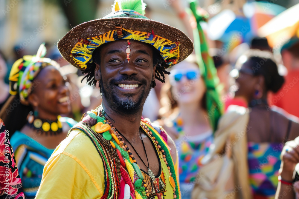 Jubilant African Man in Traditional Dress at Vibrant Carnival