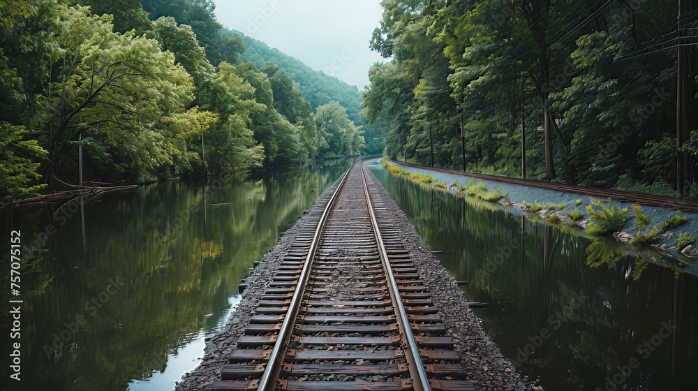 The river flowing beside the train tracks provides a breathtaking view, with green trees lining its banks and reflecting in the water