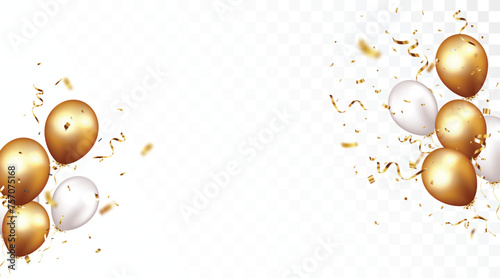 Celebration banner with gold confetti and balloons, isolated on transparent background