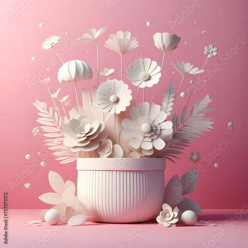 Pot of flowers, paper flowers, isolated on  a Pink background, 3d render photo