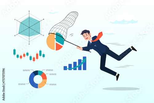 Businessman catch data graph and chart with butterfly net, collect data, statistics, datum diagram, information, research and analysis info, data consolidation, cleansing or big data process (Vector)