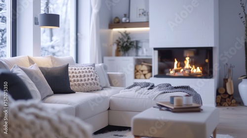 Interior of a cozy living room with fireplace