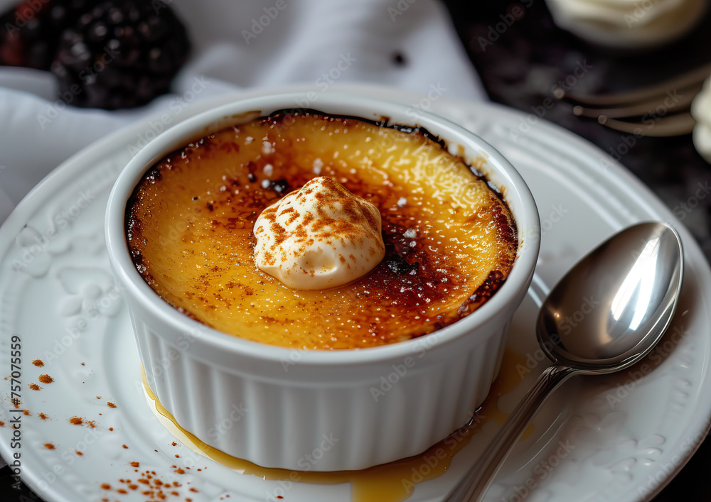 Creme brulee, angle view, close-up ultra realistic food photography
Creme brulee, angle view, close-up ultra realistic food photography
