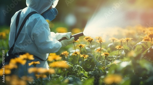 Agricultural workers spraying pesticides on crops to protect plants from harmful pests in the field photo