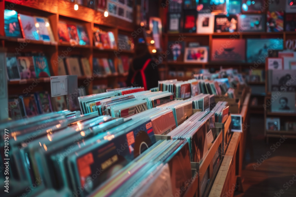 Vintage Record Shop Interior with Colorful Vinyl Collection