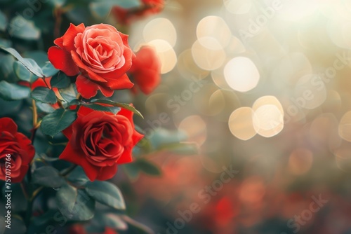 Beautiful floral natural background with red roses in garden an outdoor with beautiful bokeh and free space for text.