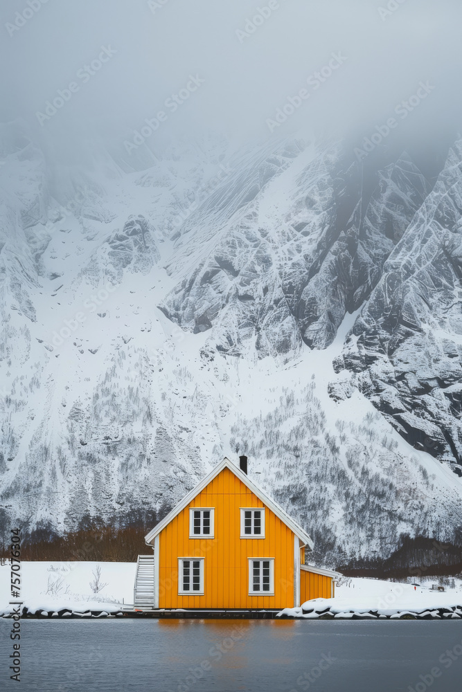 Vibrant Yellow Cabin Against Snowy Mountain Landscape
