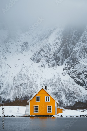 Vibrant Yellow Cabin Against Snowy Mountain Landscape © artem