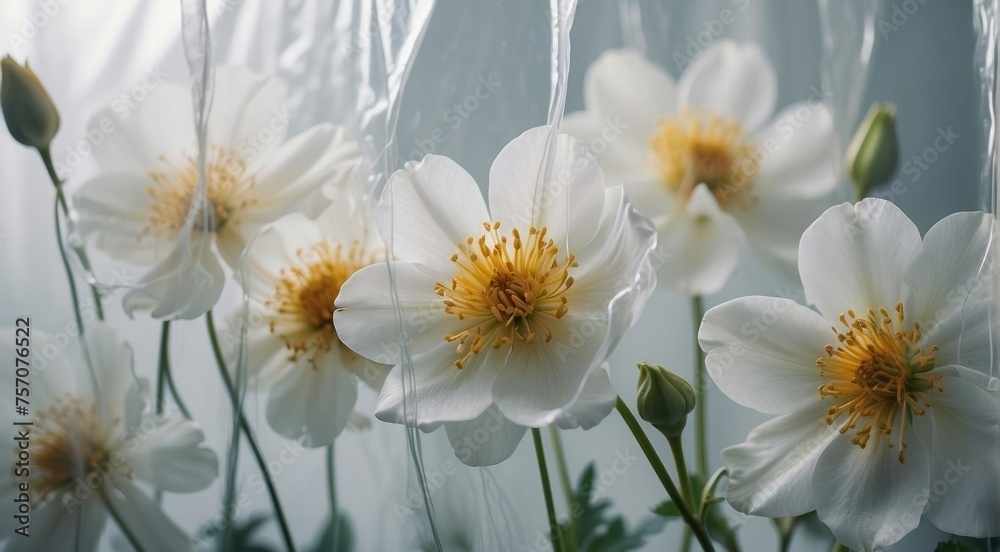 Obraz premium Delicate Drapery Ethereal Flowers Adorned with a Translucent White Covering