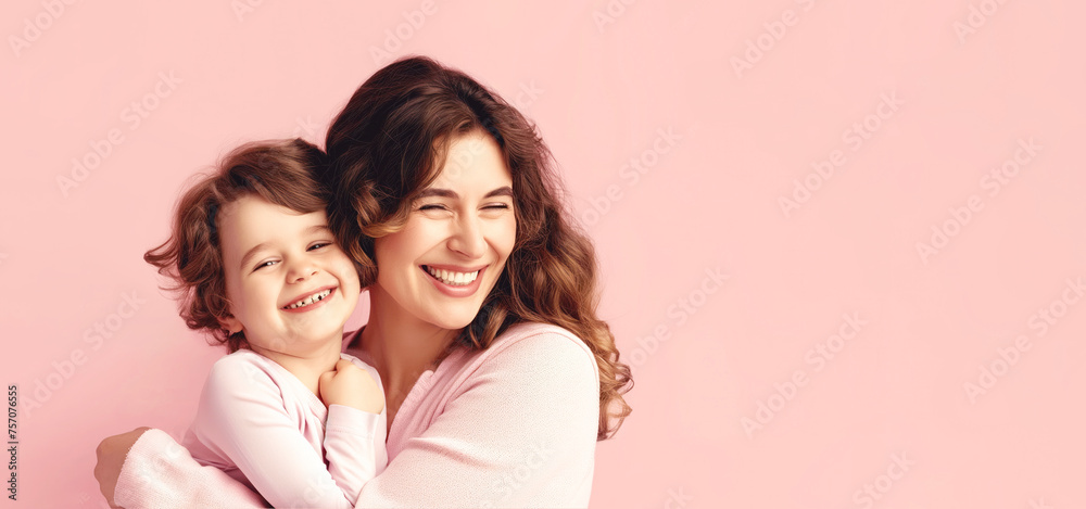 Happy Mothers Day banner background with a mom and her little son hugging and laughing in front of a pastel pink background with copy space Happy Mothers Day banner background with a mom and her little son hugging and laughing in front of a pastel pink background with copy space