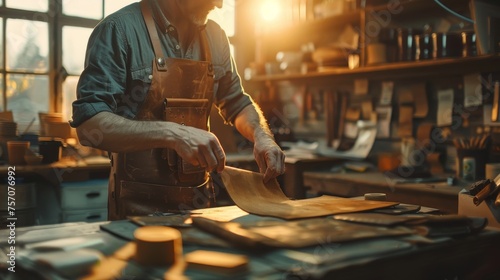 Artisan craftsman shaping a leather bag in a sunny workshop