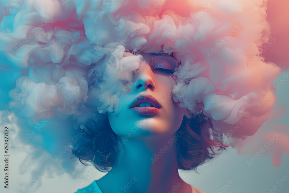 Closeup Woman portrait with pastel colored candy cloud hair. Depression, addiction, loneliness, poor mental health