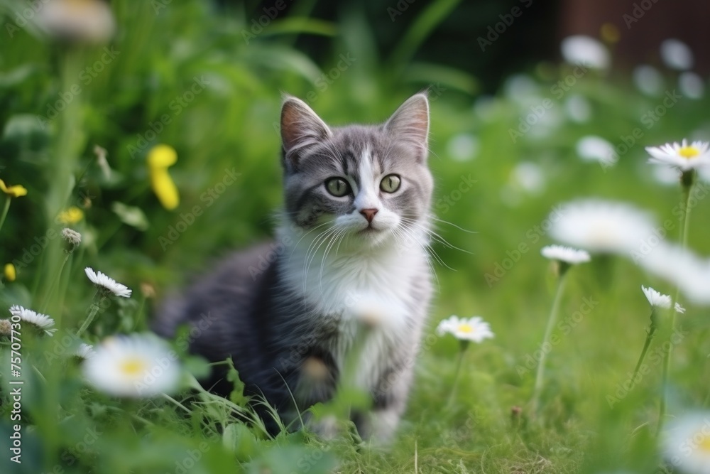 Tabby cat enjoying nature in garden or park, cute domestic pet outdoors in natural setting