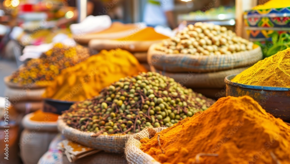 Vibrant display of spices at a bustling bazaar