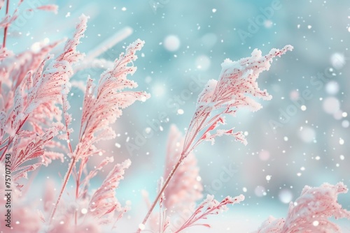 Beautiful gentle pastel winter snowy natural background. Dry snow-covered pink grass in nature against background light flakes falling snow and pale blue sky.