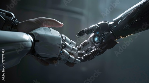 Backlit and bold the hands of a human a robot and a humanoid interlock a promise of mutual understanding and respect