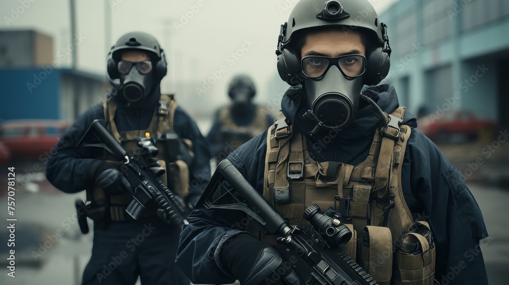 Military and border guards with weapons stand along border, guarding against illegals crossing Military and border guards with weapons stand along border, guarding against illegals crossing