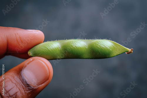 Hand holding edamame fruit isolated on gray background with copy space photo