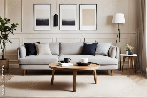 Modern interior design of Scandinavian living room . A round coffee table with cozy sofa . Few plants and some posters   landscape and few household objects . Classic paneling room with wooden design