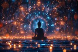 A buddha silhouette in the center of a mandala, against a dark background with glowing stars and lights, creating a spiritual meditation vibe. 
