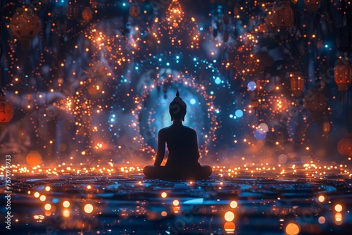 A buddha silhouette in the center of a mandala, against a dark background with glowing stars and lights, creating a spiritual meditation vibe. 