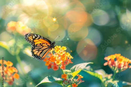 Beautiful image in nature of monarch butterfly on lantana flower on bright sunny day. © Straxer
