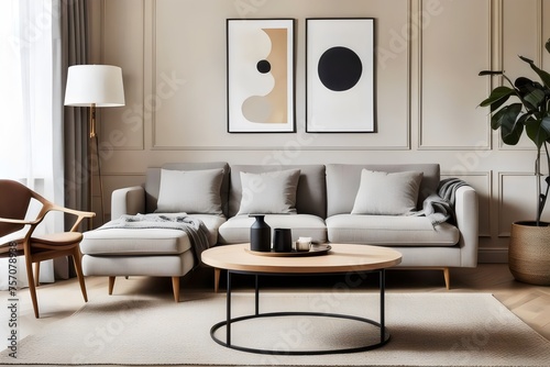 Modern interior design of Scandinavian living room . A round coffee table with cozy sofa . Few plants and some posters , landscape and few household objects . Classic paneling room with wooden design © Sabit