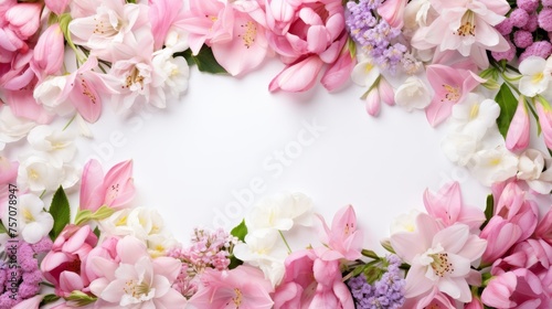 Spring flowers frame with tulips, daffodils, azaleas on white background and space in middle