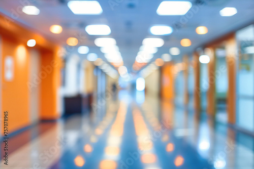 Hospital or medical facility corridor with a blurred perspective, emphasizing the clinical and clean environment dedicated to healthcare