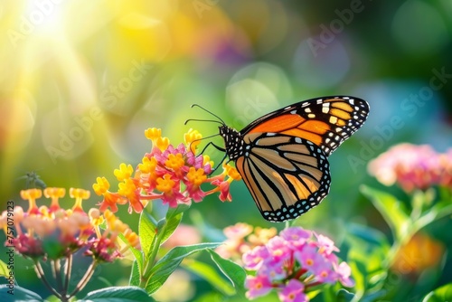 Beautiful image in nature of monarch butterfly on lantana flower on bright sunny day. © Straxer
