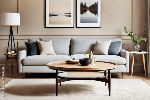 Modern interior design of Scandinavian living room . A round coffee table with cozy sofa . Few plants and some posters   landscape and few household objects . Classic paneling room with wooden design