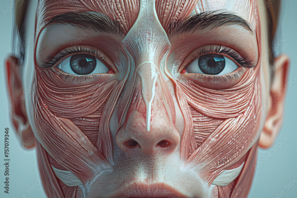 Front view woman closeup face. Human anatomy, skin and muscles