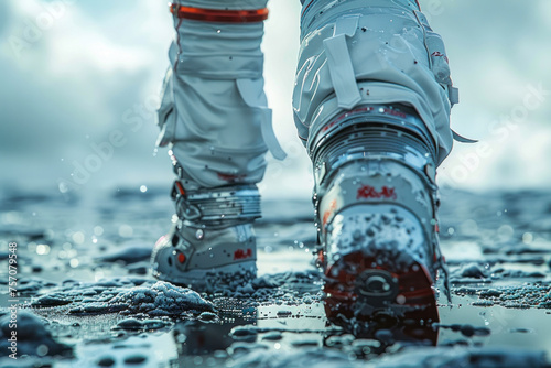 Pair of heavy-duty boots walking on an icy shore, detailed with frozen water and particles under a bright sky