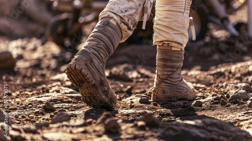 A sun-drenched scene capturing a single muddy boot stepping forward on a dusty trail, implying movement
