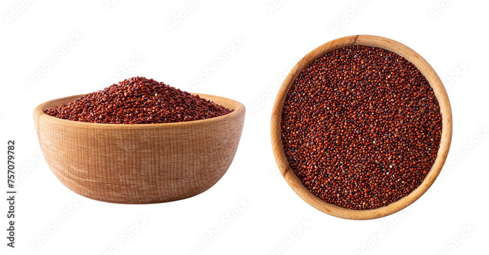 Bowl with red quinoa isolated on white background. Close-up. Grain red quinoa on white background. Whole grain quinoa. Top view and frontal view. Bowl with red quinoa isolated on white background. Close-up. Grain red quinoa on white background. Whole grain quinoa. Top view and frontal view.