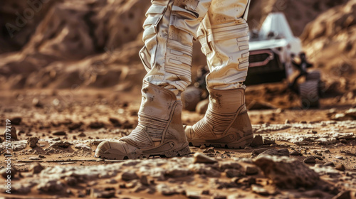 Image showcasing hiking boots walking in the desert with an all-terrain vehicle visible in the backdrop