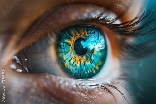 A closeup of an eye with the iris reflecting blue and green hues, symbolizing depth in vision. 