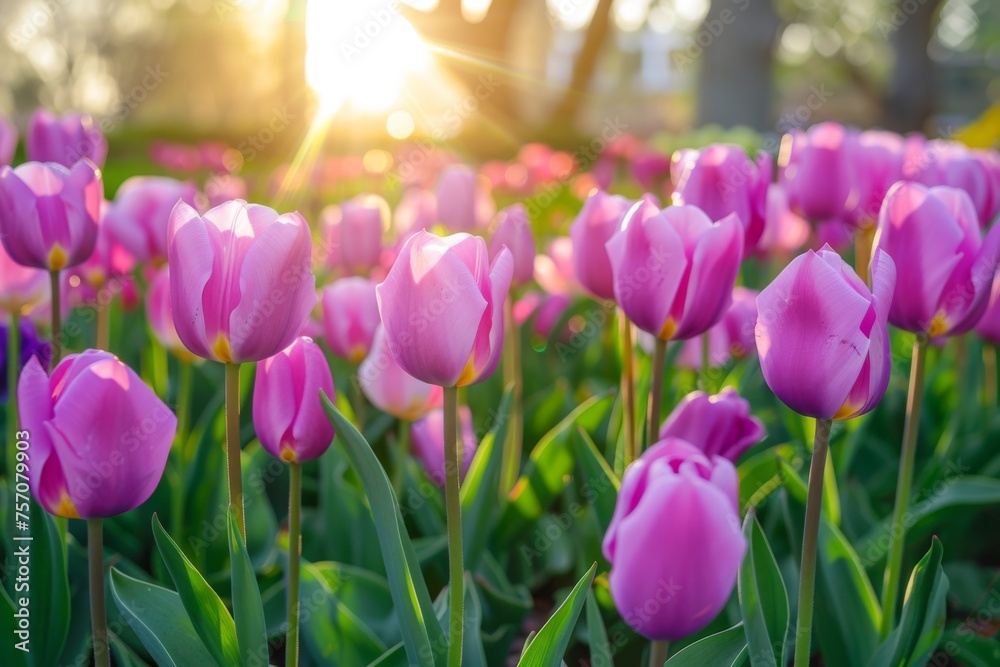 Obraz premium Beautiful natural wide-format image of spring meadow of young bright blooming purple tulips in morning sun in park in nature.