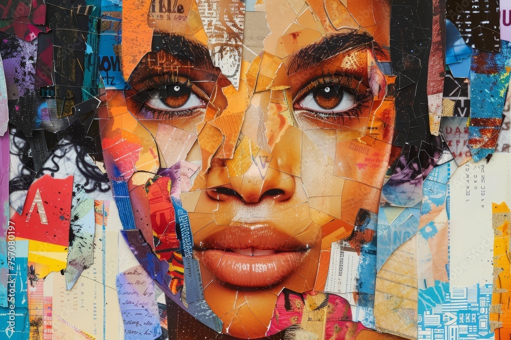 A collage of torn paper, each piece featuring different colors and patterns, creating an abstract background with the face.