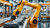 High-technology in automotive manufacturing, with robots performing precision welding on a production line