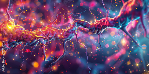 Neural network with glowing neurons on a dark background, closeup of Neurons cell in brain structure. ,banner