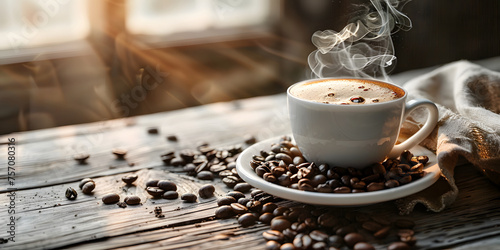 A steaming cup of hot coffee and coffee beans rest on a vintage wooden table, accompanied by a coffee sack, creating a cozy and rustic scene.